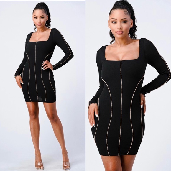 Elegant Black Long Sleeve Seam Detail Dress - Picture 3 of 6